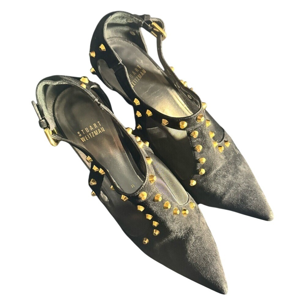 Stuart Weitzman Black Suede Pumps with Mesh and Metal Accents, 9,‎ GUC